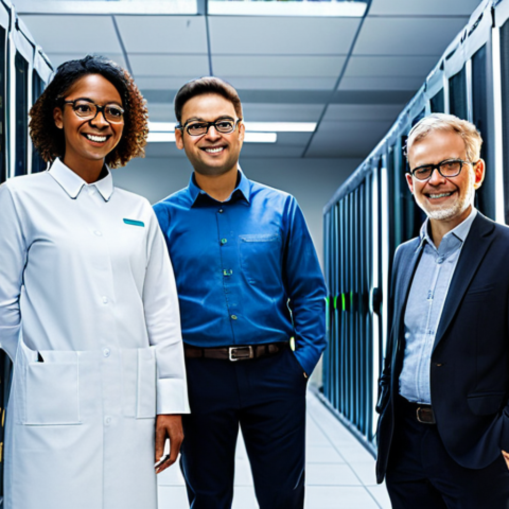 A diverse team of professional engineers, fully clothed in modest, appropriate attire, standing confidently in a state-of-the-art, eco-friendly data center. Sunlight streams through large windows, hinting at renewable energy sources powering the facility. Rows of sleek, modern server racks are visible in the background, glowing with soft, efficient lights. The scene emphasizes innovation in sustainable technology and responsible energy consumption. Perfect anatomy, correct proportions, natural poses, well-formed hands, proper finger count, natural body proportions. Professional photography, high quality, safe for work, appropriate content, fully clothed, family-friendly.