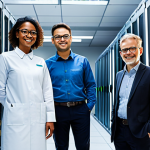 A diverse team of professional engineers, fully clothed in modest, appropriate attire, standing confidently in a state-of-the-art, eco-friendly data center. Sunlight streams through large windows, hinting at renewable energy sources powering the facility. Rows of sleek, modern server racks are visible in the background, glowing with soft, efficient lights. The scene emphasizes innovation in sustainable technology and responsible energy consumption. Perfect anatomy, correct proportions, natural poses, well-formed hands, proper finger count, natural body proportions. Professional photography, high quality, safe for work, appropriate content, fully clothed, family-friendly.