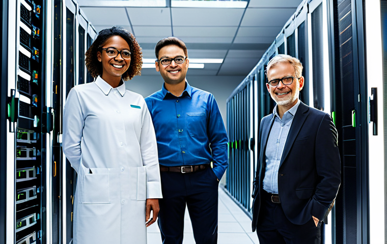 A diverse team of professional engineers, fully clothed in modest, appropriate attire, standing confidently in a state-of-the-art, eco-friendly data center. Sunlight streams through large windows, hinting at renewable energy sources powering the facility. Rows of sleek, modern server racks are visible in the background, glowing with soft, efficient lights. The scene emphasizes innovation in sustainable technology and responsible energy consumption. Perfect anatomy, correct proportions, natural poses, well-formed hands, proper finger count, natural body proportions. Professional photography, high quality, safe for work, appropriate content, fully clothed, family-friendly.