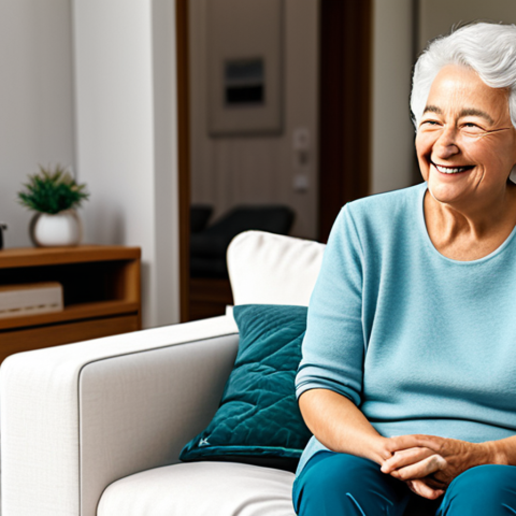 Empathetic VUI in a Modern Home**

"A helpful virtual assistant interface displayed on a smart home device, showing a supportive and friendly animation. The user is a senior woman with a warm smile, looking at the device. The background is a cozy, well-lit living room with modern furniture. The scene conveys a sense of ease and technological empowerment for the elderly. Fully clothed, modest clothing, appropriate attire, safe for work, perfect anatomy, natural proportions, family-friendly, professional design."

**