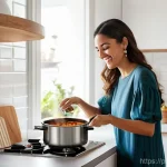 Home 11 사용자 경험을 고려한 음성 인터페이스 디자인 - A woman in her 30s, wearing comfortable casual clothes, is happily cooking a traditional 'moqueca' i...