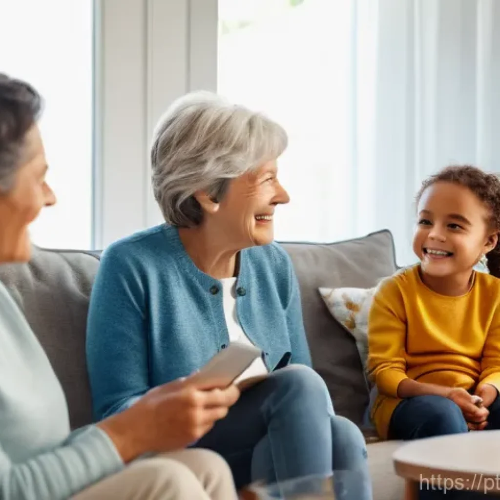 음성 인터페이스 기반 애플리케이션 성공 사례 - A heartwarming scene of a multi-generational family in a modern, well-lit living room. A grandmother...