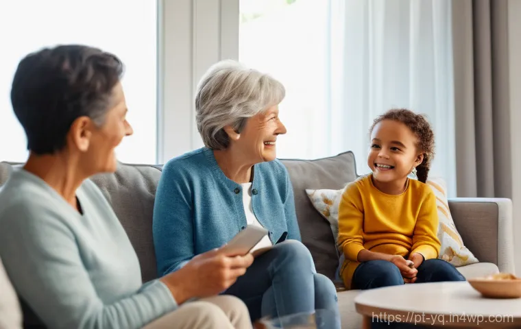음성 인터페이스 기반 애플리케이션 성공 사례 - A heartwarming scene of a multi-generational family in a modern, well-lit living room. A grandmother...