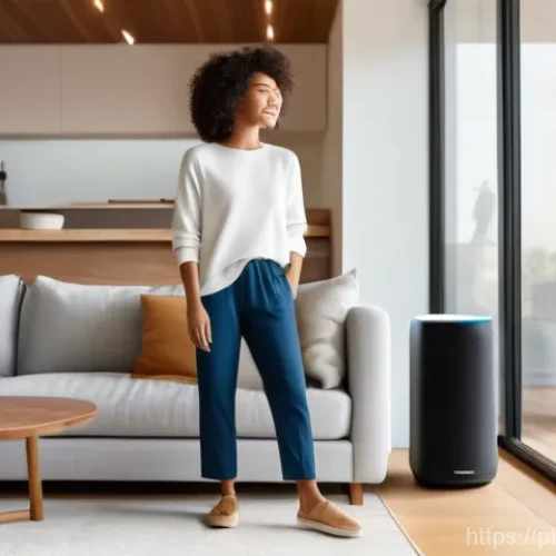 Home 20 음성 인터페이스 설계를 위한 디자인 패턴 - **Prompt: Seamless Voice Interaction in a Modern Home**
"A diverse adult, casually dressed in st...