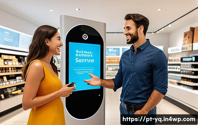 음성 인터페이스의 비즈니스 가치 극대화 전략 - A modern Brazilian retail store customer service scene featuring a diverse adult male and female int...