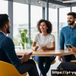 음성 인터페이스 설계에서의 사용자 피드백 활용법 - A modern Brazilian office scene showing a diverse group of users interacting with a voice assistant ...