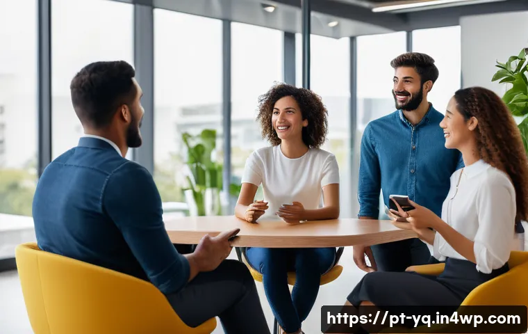 음성 인터페이스 설계에서의 사용자 피드백 활용법 - A modern Brazilian office scene showing a diverse group of users interacting with a voice assistant ...