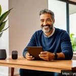 음성 인터페이스 설계에서의 행동 유도 설계 - A modern smart home living room scene featuring a Brazilian middle-aged man interacting naturally wi...