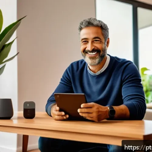 음성 인터페이스 설계에서의 행동 유도 설계 - A modern smart home living room scene featuring a Brazilian middle-aged man interacting naturally wi...