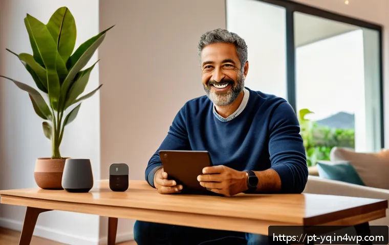 음성 인터페이스 설계에서의 행동 유도 설계 - A modern smart home living room scene featuring a Brazilian middle-aged man interacting naturally wi...