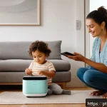음성 인터페이스의 사용자 요구 조사 방법 - A modern Brazilian family living room scene with a middle-aged woman using a smart voice assistant d...