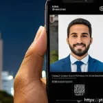바이오메트릭 인증과 음성 인터페이스 결합 - A modern Brazilian digital bank interface displayed on a sleek smartphone screen held by a young Bra...