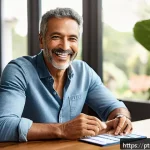 음성 인터페이스 설계에서의 사용자 프로필 설정 - A modern Brazilian home interior scene showing a middle-aged man interacting with a sleek voice assi...