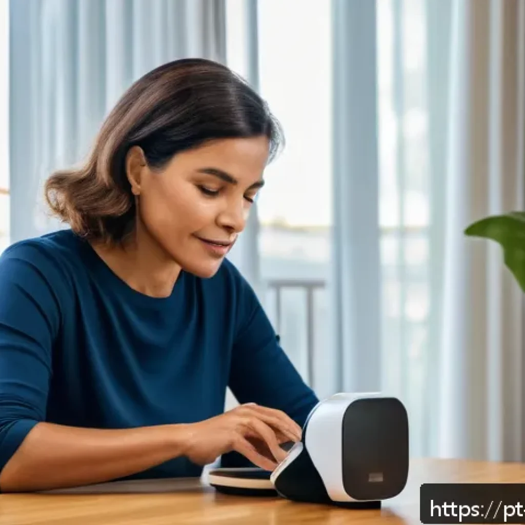 음성 인터페이스 설계의 최적화 전략 - A modern Brazilian living room scene with a middle-aged woman using a smart voice assistant device o...