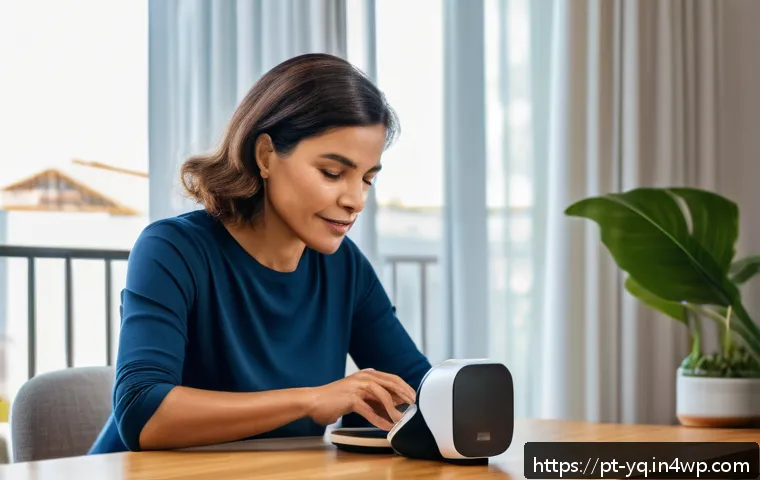 음성 인터페이스 설계의 최적화 전략 - A modern Brazilian living room scene with a middle-aged woman using a smart voice assistant device o...